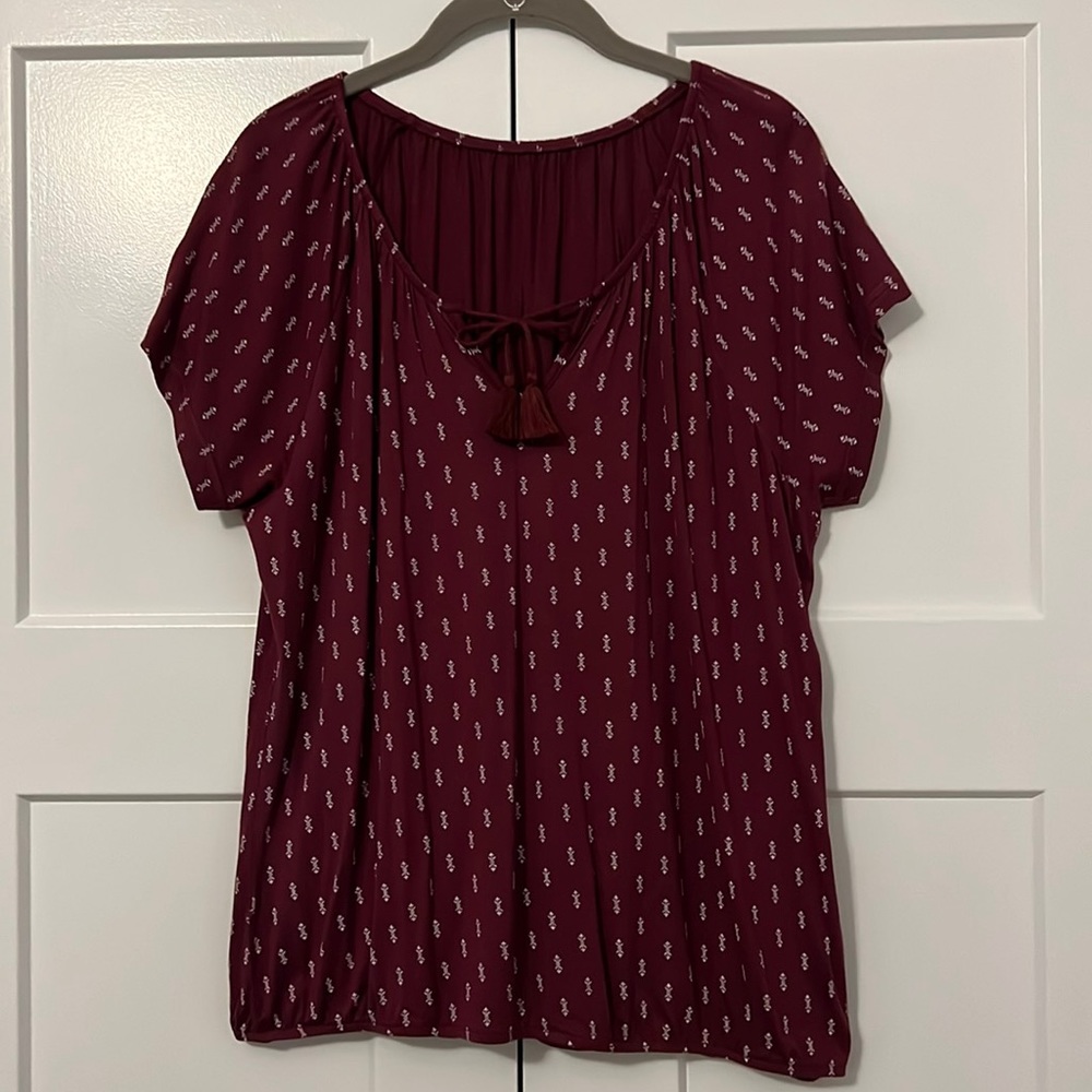 Lascana Vivance Burgundy-white Tassel Detail Short Sleeve Top, Size 12/14